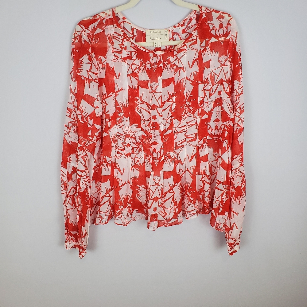 Artelier Nicole Miller Red & White Patterned Pleated Blouse Size Medium